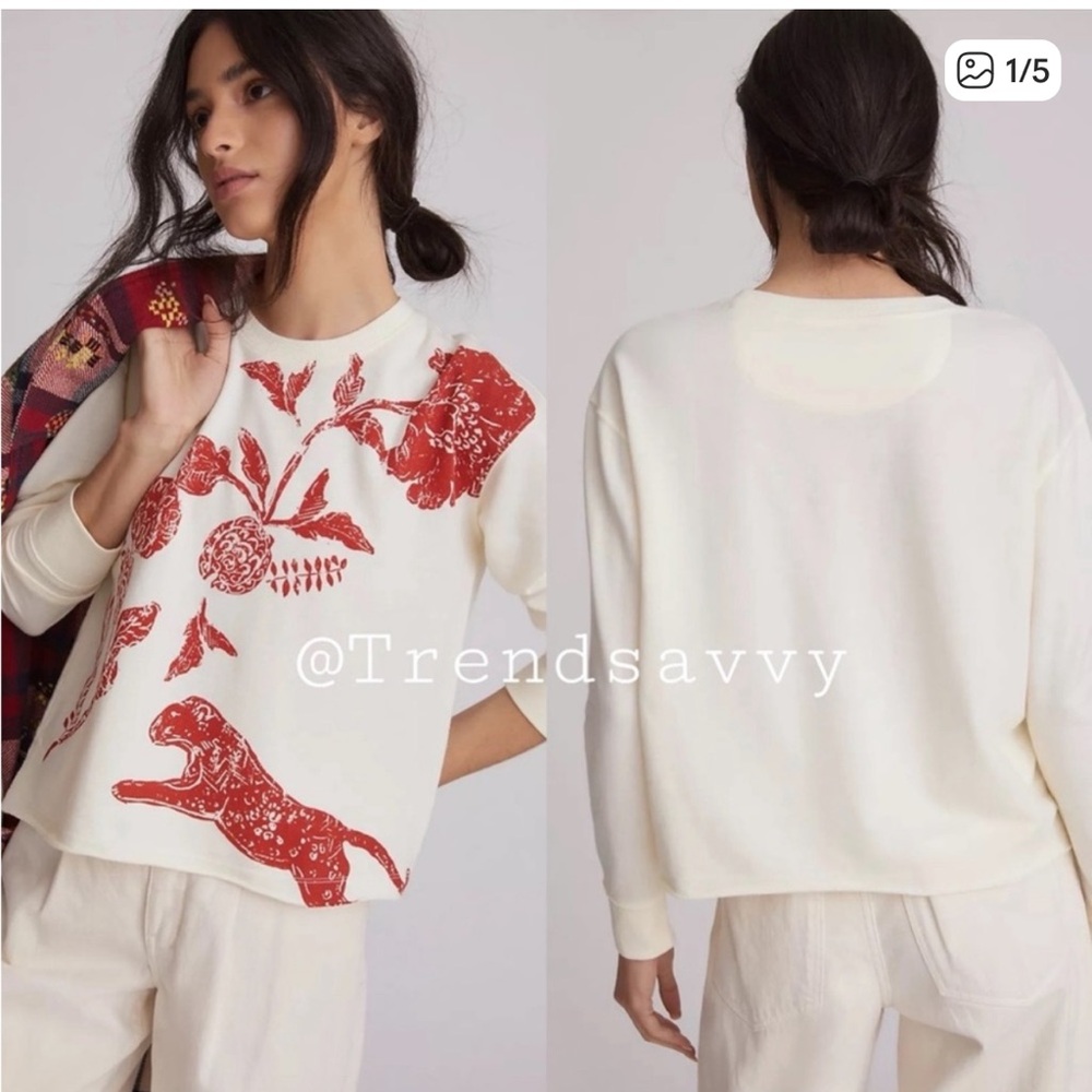 ANTHROPOLOGIE Botanical Sweatshirt Animal Print Floral Top Ivory Size M